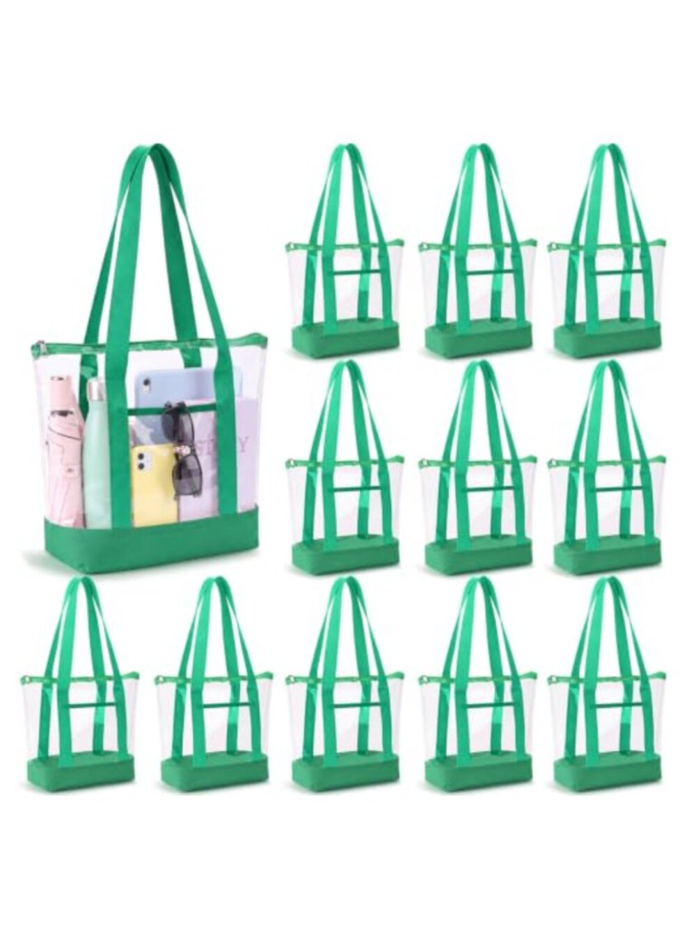 Clear PVC Tote Bags with Zipper, 12 Pack, Travel Stadium Approved Organizer